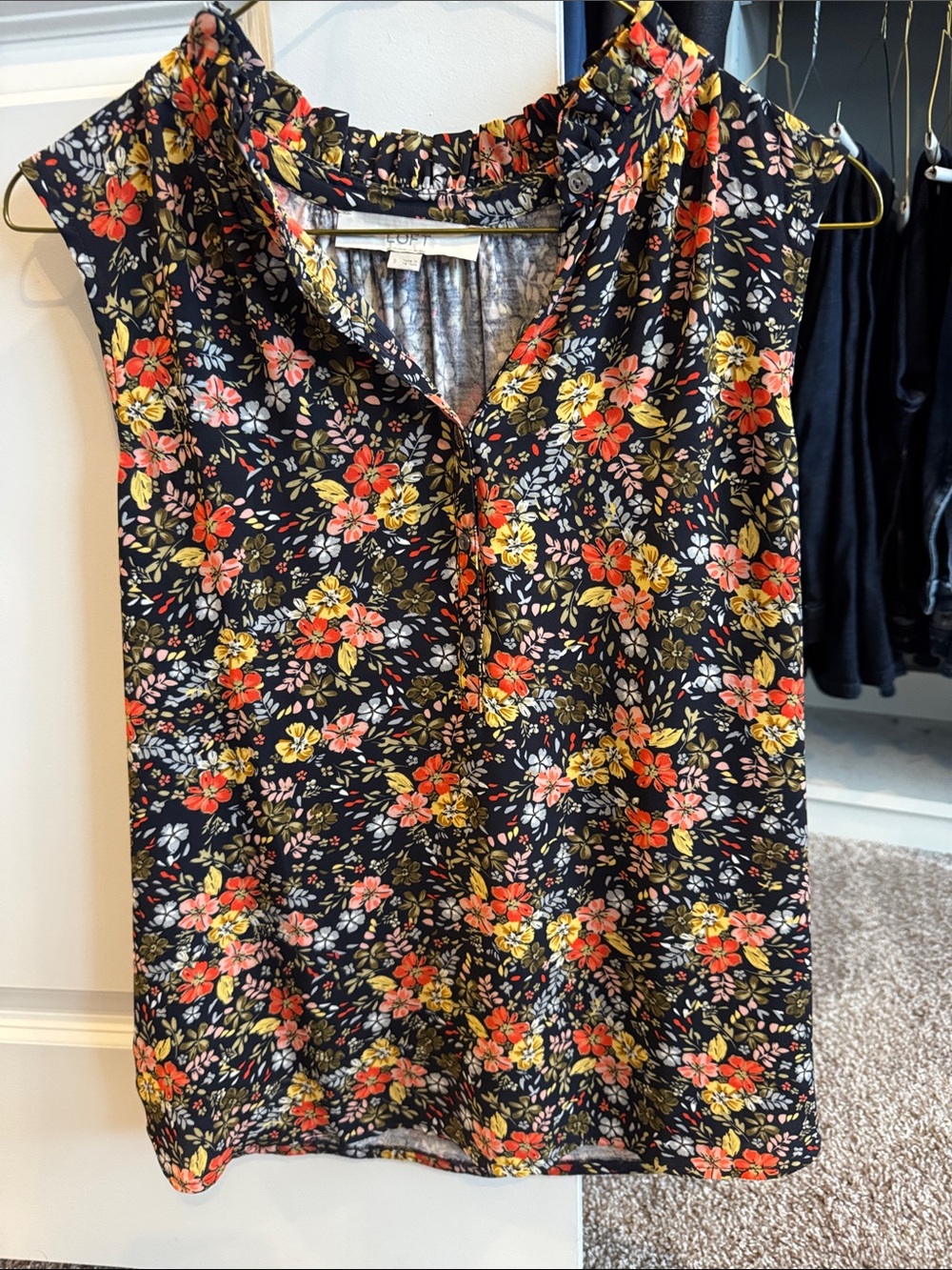 LOFT Black Floral Sleeveless V-Neck Camisole with Coral & Yellow Blossoms